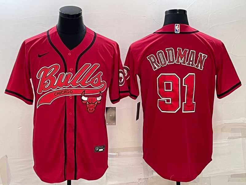Men%27s Chicago Bulls #91 Dennis Rodman Red With Patch Cool Base Stitched Baseball Jersey